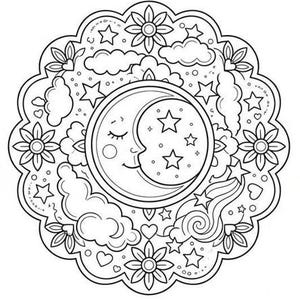 May include: A circular black and white coloring page design featuring a central crescent moon with a sleeping face surrounded by stars, fluffy clouds, and small hearts. The outer border is decorated with a repeating pattern of flowers.