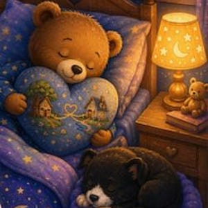 Puede incluir: Un oso de peluche marrón duerme en una cama con ropa de cama azul con estrellas, sosteniendo un cojín azul en forma de corazón con casas. Un pequeño cachorro blanco y negro duerme sobre un cojín morado junto a una lámpara con estrellas.