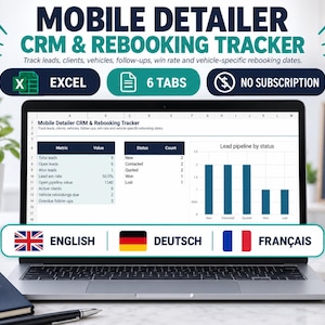 Könnte beinhalten: Ein Laptop-Bildschirm zeigt eine Mobile Detailer CRM & Rebooking Tracker-Tabelle mit Datentabellen und einem Balkendiagramm. Die Benutzeroberfläche enthält Beschriftungen für Excel, 6 Registerkarten und kein Abonnement erforderlich.