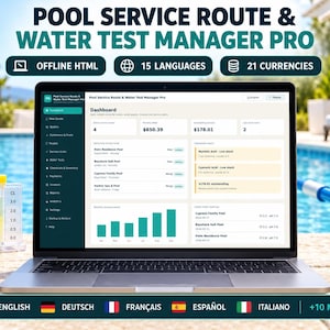 Könnte beinhalten: Ein Laptop mit dem Dashboard des Pool Service Route & Water Test Manager Pro, das Datendiagramme, Finanzübersichten und Servicelisten anzeigt. Der Bildschirm zeigt Navigationsmenüs, links daneben steht ein Wassertest-Set.