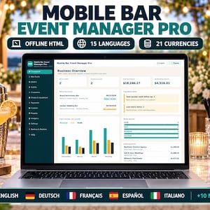 Peut inclure: Un ordinateur portable affichant le tableau de bord du logiciel Mobile Bar Event Manager Pro, avec des indicateurs de gestion, des graphiques de revenus et le statut des devis. L'écran affiche le texte Business Overview, 15 Languages et 21 Currencies.