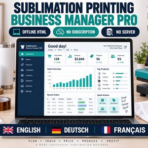 Puede incluir: Una pantalla de portátil que muestra el panel de control de Sublimation Printing Business Manager Pro, con gráficos de ventas, listas de pedidos y métricas. La interfaz incluye texto como Good day, Total Orders, Revenue y opciones de menú.