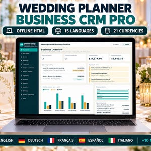 Puede incluir: Un portátil que muestra el panel de control Wedding Planner Business CRM Pro, con resumen de negocio, gráficos de ingresos y listas de tareas. La pantalla incluye texto como Offline HTML, 15 Languages y 21 Currencies en verde oscuro y blanco.