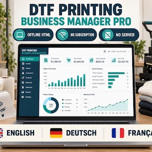 May include: A laptop screen displaying the DTF Printing Business Manager Pro software interface, featuring a dashboard with sales charts, order status, and financial data. The screen shows text including Offline HTML, No Subscription, and No Server.