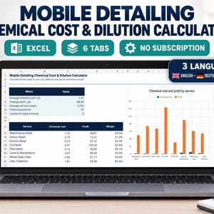 Könnte beinhalten: Ein Laptop-Bildschirm zeigt eine Mobile Detailing Chemical Cost & Dilution Calculator Tabelle mit 6 Reitern, ohne Abonnement und in 3 Sprachen. Die Benutzeroberfläche enthält Tabellen mit Dienstleistungskennzahlen und ein Balkendiagramm.