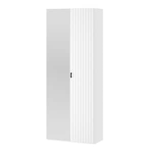 May include: A tall, rectangular white wardrobe featuring two doors. The left door is a smooth, reflective mirror surface, while the right door has a vertical ribbed texture. A small, thin, black vertical handle is positioned in the center.
