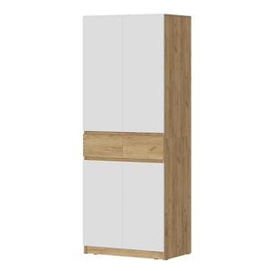 May include: A tall, rectangular storage cabinet featuring a light brown wood grain finish on the sides and frame. The unit includes two large white doors at the top, two central drawers with wood grain fronts, and two white doors at the bottom.