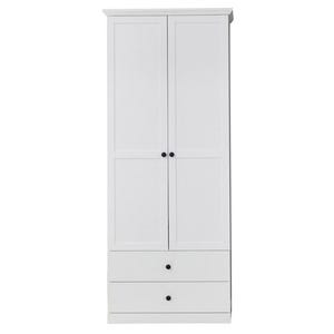 May include: A tall, white wardrobe featuring two vertical doors with recessed panels and two horizontal drawers at the base. Each door and drawer is equipped with a small, round, black knob. The unit has a flat top cornice and a clean, solid finish.