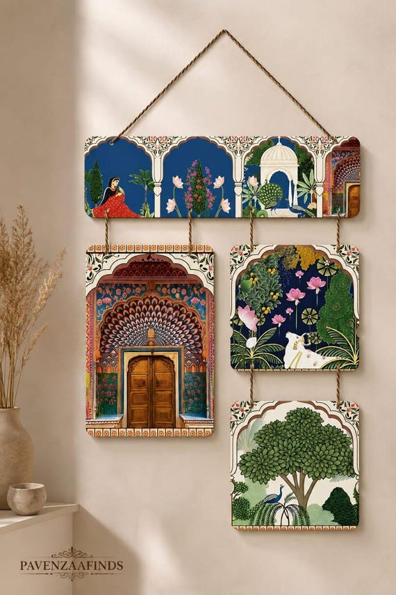 Indian Rajasthani Wall Art Set, Peacock Palace Folk Boho Decor