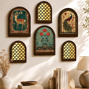 May include: A set of five arched wall panels with dark wood frames. Three panels feature gold lattice cutouts, while the others display detailed illustrations of a deer, a peacock, and red flowers on a teal and cream background.