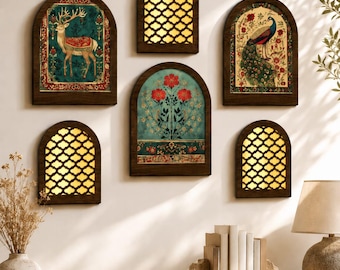 May include: A set of five arched wall panels with dark wood frames. Three panels feature gold lattice cutouts, while the others display detailed illustrations of a deer, a peacock, and red flowers on a teal and cream background.
