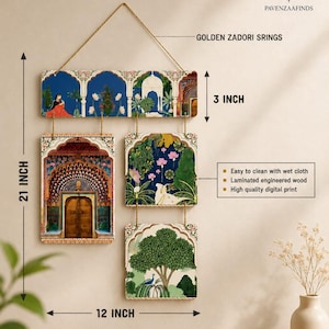 May include: A wall hanging set featuring four rectangular panels of laminated engineered wood with digital prints of architectural arches, a wooden door, a tree, and a peacock. The panels are connected by golden zadori strings, measuring 21 inches by 12 inches.