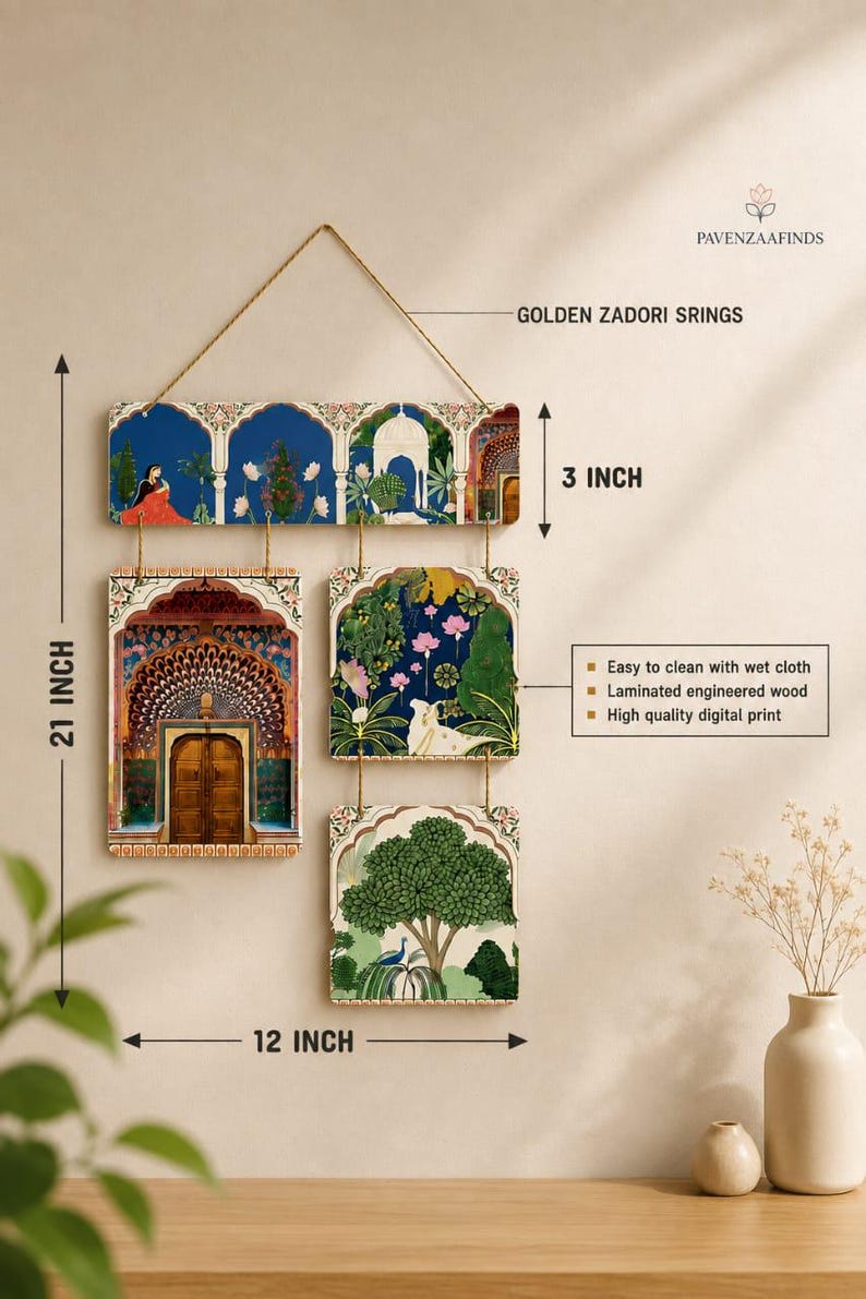 May include: A wall hanging set featuring four rectangular panels of laminated engineered wood with digital prints of architectural arches, a wooden door, a tree, and a peacock. The panels are connected by golden zadori strings, measuring 21 inches by 12 inches.