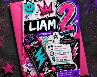 Skateboard 2nd Birthday Invitation, Neon Graffiti Skate Party Editable Printable Canva Template
