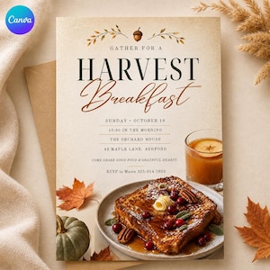 May include: A harvest breakfast invitation card featuring text that reads Gather for a Harvest Breakfast, Sunday October 18, 10:00 in the morning, The Orchard House, 42 Maple Lane, Ashford, and RSVP to Maren 555-014-7826, with a plate of French toast.