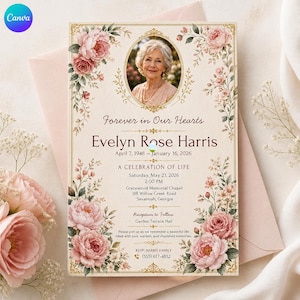 May include: A rectangular celebration of life memorial card featuring a portrait of a woman in an oval frame, surrounded by pink floral illustrations. The text reads Forever in Our Hearts, Evelyn Rose Harris, April 7, 1948 – January 16, 2026.