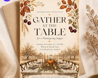 May include: A rectangular invitation card with a cream-colored background featuring autumn-themed illustrations of leaves, wheat, and berries. The text reads: THE HARPER FAMILY INVITES YOU TO GATHER AT THE TABLE for a Thanksgiving Supper, Saturday, November 16, 5:30 PM, Willow & Hearth Farm, 18 Orchard Lane, Ashford, SEASONAL SUPPER, CIDER, AND GRATEFUL HEARTS, RSVP to Eleanor Harper 555-018-2746.
