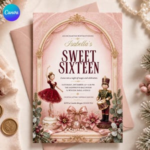 Könnte beinhalten: Eine rosa Einladungskarte für eine Sweet-Sixteen-Party mit einer Ballerina im roten Kleid und einem Spielzeugsoldaten mit Trommel. Der Text lautet: An Enchanted Winter Evening, Isabella's Sweet Sixteen, Saturday, December 13, 6:30 PM, The Rosewood Ballroom, 75 Winter Park Avenue, Cocktail Attire, Dinner & Dancing, RSVP to Camille Morgan 555-019-7352.