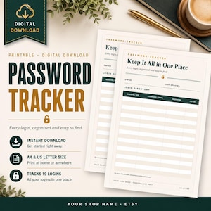 May include: A digital download printable password tracker template featuring a clean layout with columns for website, username, email, password, and notes. The document includes headers for owner and last updated, with a secure lock icon design.