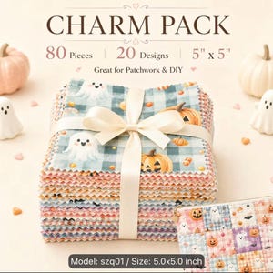 May include: A stack of 80 fabric squares measuring 5 inches by 5 inches, tied with a cream ribbon. The fabric features 20 designs with ghosts, pumpkins, and plaid patterns. Text on the image reads CHARM PACK, 80 Pieces, 20 Designs, 5 x 5.