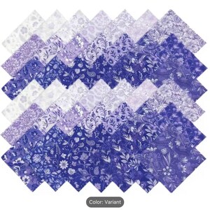 May include: A collection of square fabric swatches arranged in a grid, featuring various floral and botanical patterns in shades of purple, lavender, and white. Each square has pinked edges, showcasing a gradient of light to dark violet tones.