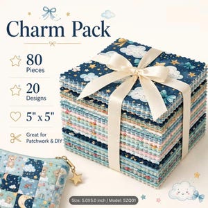 May include: A stack of 80 fabric squares, each 5 inches by 5 inches, tied with a cream ribbon. The fabric features 20 designs including clouds, stars, and bears. Text includes Charm Pack, 80 Pieces, 20 Designs, 5 x 5, and Size: 5.0X5.0 inch / Model: SZQ01.