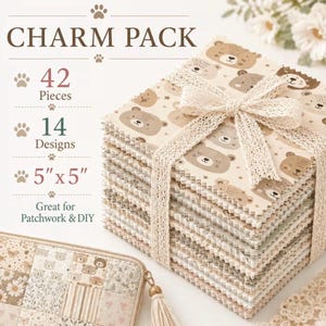 May include: A charm pack of 42 fabric squares, each measuring 5 inches by 5 inches, featuring 14 bear-themed designs. The stack is tied with a cream-colored lace ribbon. Text on the image reads CHARM PACK, 42 Pieces, 14 Designs, 5x5, and Great for Patchwork & DIY.