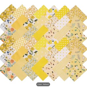 May include: A collection of square fabric swatches arranged in a grid pattern, featuring various yellow and white prints including floral motifs, polka dots, stripes, chevron, and animal patterns, all displayed in a cohesive yellow color palette.