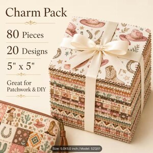May include: A stack of 80 fabric squares, 5 inches by 5 inches, featuring 20 designs with cowboy hats, boots, horseshoes, and cacti. The pack is tied with a cream ribbon. Text reads: Charm Pack, 80 Pieces, 20 Designs, 5 x 5, Great for Patchwork & DIY.