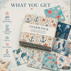 May include: A charm pack of 40 precut fabric pieces featuring 20 coordinated nautical designs including anchors, starfish, sea turtles, jellyfish, and crabs. The stack is wrapped in a paper band labeled CHARM PACK 40 PRECUT FABRIC PIECES.