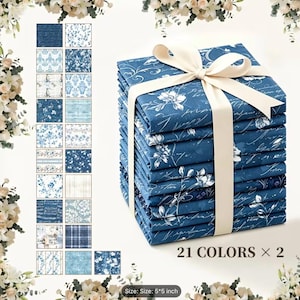 May include: A stack of folded fabric squares in various shades of blue and white, tied with a cream-colored ribbon. The fabric features floral, script, plaid, and damask patterns. The text 21 COLORS x 2 and Size: 5x5 inch is visible.