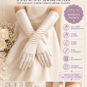 Könnte beinhalten: Ein Schnittmuster für elfenbeinfarbene Satin-Opernhandschuhe. Das Dokument enthält den Text: IVORY SATIN OPERA GLOVES, A STEP-BY-STEP SEWING PATTERN FOR ELEGANT ELBOW-LENGTH BRIDAL GLOVES, SAMPLE SIZE WOMEN'S MEDIUM, FULL HAND CONSTRUCTION, FINGER SHAPING, THUMB GUSSET, SEAM ALLOWANCES, FIT MATHEMATICS, PRINTABLE PATTERN LOGIC, SEWING PATTERN. NOT A CROCHET PATTERN.