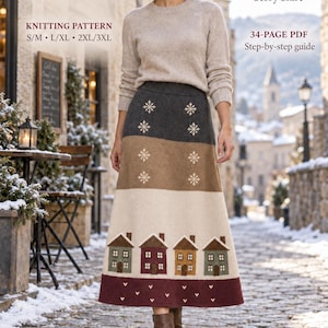 May include: A knitting pattern for a Winter Village Story Skirt, a 34-page PDF guide. The skirt features horizontal color blocks of charcoal, tan, cream, and maroon, decorated with white snowflake motifs and a row of colorful house icons.