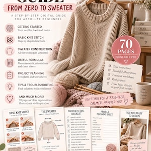 Può includere: Una guida digitale per maglieria intitolata The Complete Knitting Guide From Zero To Sweater, che presenta un maglione beige lavorato a maglia, gomitoli di lana, ferri da maglia e pagine didattiche con diagrammi, liste di controllo e schede di progetto.