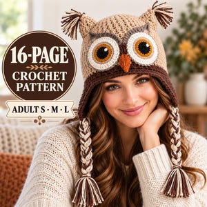 May include: A 16-page crochet pattern for a Woodland Owl Earflap Hat in adult sizes S, M, and L. The document features an instant digital PDF with US crochet terms, showcasing a tan and brown owl-themed hat with braided tassels and earflaps.