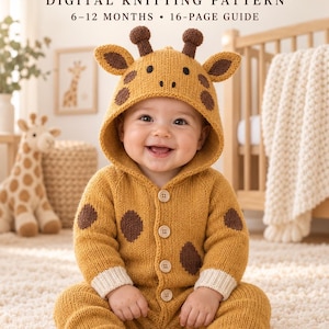 Puede incluir: Un mameluco tejido de color amarillo dorado con manchas marrones, con una capucha que tiene orejas y cuernos pequeños de jirafa. El texto dice: GOLDEN SAVANNA GIRAFFE KNITTED ROMPER, DIGITAL KNITTING PATTERN, 6-12 MONTHS, 16-PAGE GUIDE. Cuatro botones.