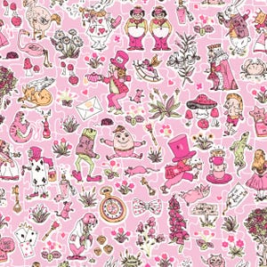 Peut inclure: Un motif rose et blanc avec des illustrations de personnages et d'objets d'Alice au pays des merveilles. Le motif comprend le Chapelier fou, le Lapin Blanc, des cartes à jouer et des tasses à thé. Le thème général est fantaisiste et inspiré des contes de fées.