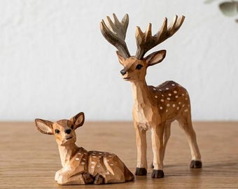 Hand-Carved Wooden Sika Deer Figurine | Solid Wood Woodland Animal Sculpture | Nursery Decor | 1st Birthday Gift | Rustic Desk Decoration