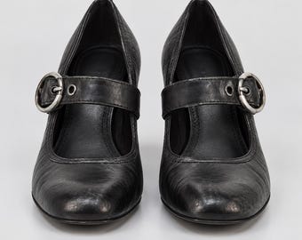 Mary Jane Pumps with Ring Buckle, Black or Brown Textured Retro Women's Heels, Round Toe Strap Shoes