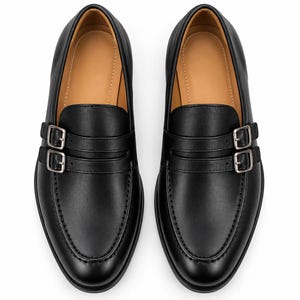 Mocasines de cuero para hombre con doble hebilla, color negro o marrón claro. Zapatos de vestir, zapatos formales para bodas, calzado casual de negocios sin cordones.