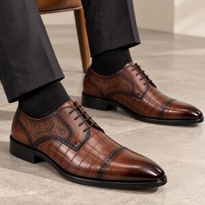 Men's Paisley Embossed Cap Toe Oxford Dress Shoes | Crocodile Print Leather Brogues | Wedding Groomsmen Formal Business Shoes