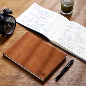 Personalized B5 Landscape Notebook, Custom Horizontal Leather Journal, Lay Flat Lined Grid Blank Planner, Desk Keyboard Gift for Him Her