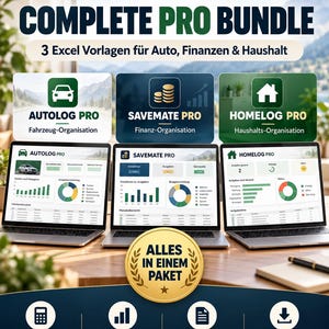 Op de afbeelding: Een digitaal productpakket genaamd SwissLogStudio Complete Pro Bundle met drie Excel-sjablonen voor voertuig-, financiële en huishoudelijke administratie. De afbeelding toont drie laptops met dashboardinterfaces, grafieken en iconen.