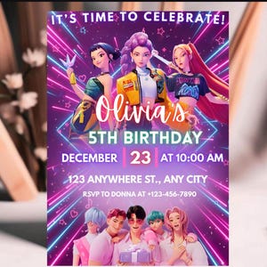 May include: A rectangular birthday invitation card featuring a purple background with neon light streaks and stars. The text reads IT'S TIME TO CELEBRATE! Olivia's 5TH BIRTHDAY DECEMBER 23 AT 10:00 AM 123 ANYWHERE ST., ANY CITY RSVP TO DONNA AT +123-456-7890.