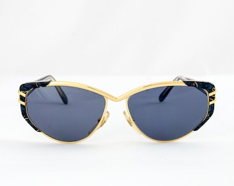 Vintage 80s/90s OUTRAGEOUS Dark Blue Marbled Sunglasses w Gold Tone Accents.