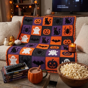Può includere: Una coperta all'uncinetto con una griglia di quadrati con motivi di Halloween tra cui gatti neri, fantasmi bianchi, zucche arancioni, ragni neri e pipistrelli neri, rifinita con un bordo arancione smerlato.