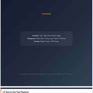 May include: A digital e-book guide titled Gemini Prompts for Etsy Sellers, featuring a dark blue background with white text. The document outlines strategies for digital creators, including prompt examples for niche discovery and SEO tag extraction.