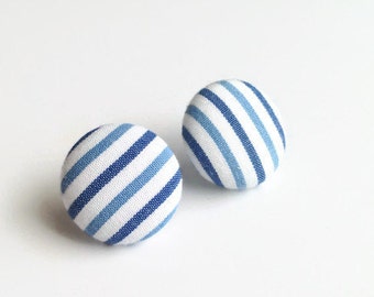 Striped stud earrings blue white - Fabric earrings nautical - Fabric covered button jewelry eco-friendly Mademoiselle Bouton Made in Quebec