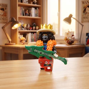 May include: A collectible minifigure featuring a skeleton character wearing a gold crown, a wide-brimmed hat, and a bright orange feathered collar. The figure has red trousers with a white flower pattern and holds a green shark-shaped electric guitar.