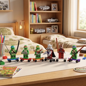 Può includere: Un set di sei minifigure a tema Tartarughe Ninja, ognuna in piedi su un piccolo skateboard di plastica. Le figure includono quattro tartarughe con maschere colorate, una figura di Shredder in armatura argentata e Splinter in una veste rossa.